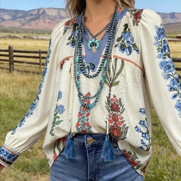 Beige Boho Women's Floral Embroidered Puff Sleeve Blouse with Tassel Tie - Picture 4 of 5